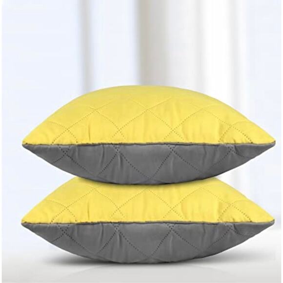 Set of 2 Cushions Filled Pillows, Light Yellow Gray 20 x 20 Inch - Picture 3 of 6